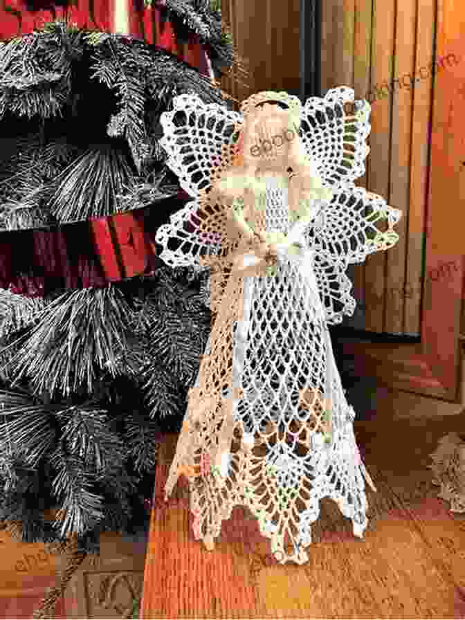 A Close Up Of A Crocheted Christmas Angel Ornament With A Delicate Lace Halo, Embroidered Wings, And Shimmering Beads. Christmas Angel Ornament To Crochet Embellish