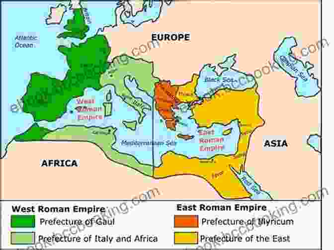 Map Of The Divided Roman Empire, Highlighting The East West Split Ancient Rome (Surviving History)